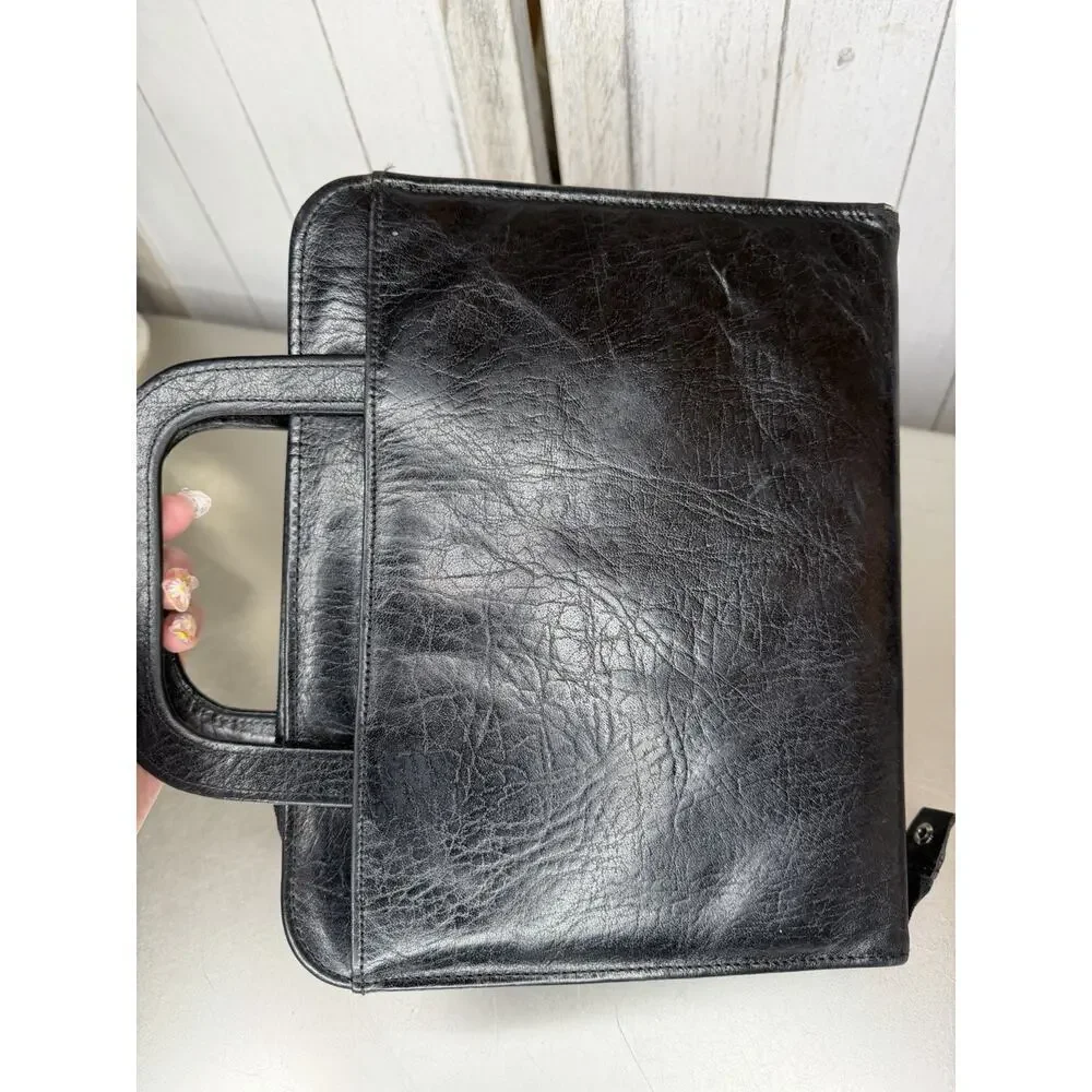 Vintage Full Grain Leather Planner Classic Black Handles Full Zip Organizer